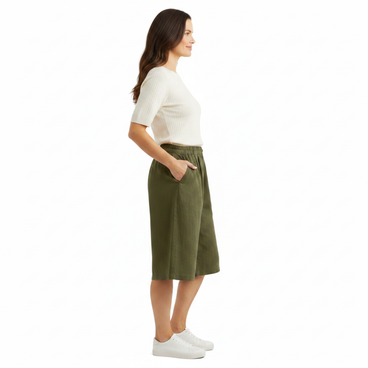 Kurze Damenhose mit hoher Taille aus Baumwoll-Leinen-Mischung – Lässiger Schnitt