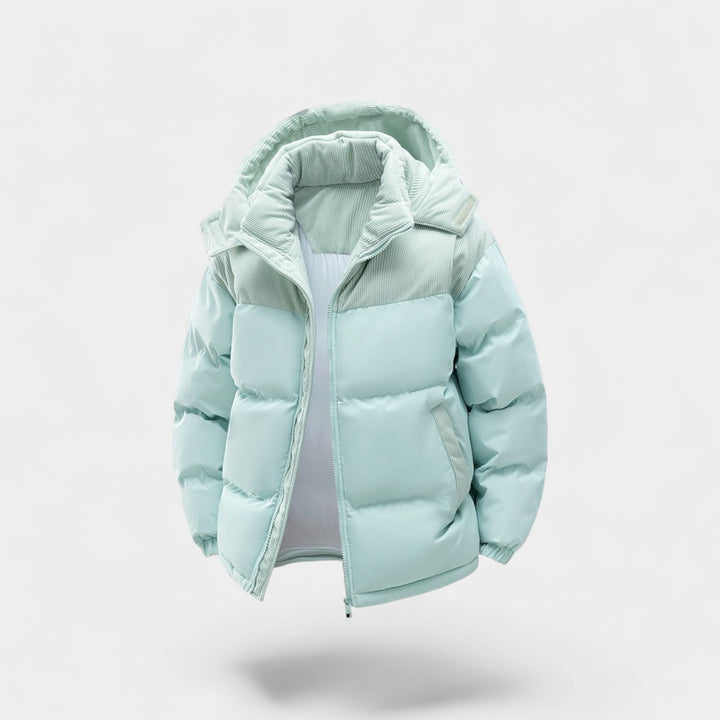 Herren Daunenjacke mit abnehmbarer Kapuze aus Baumwolle – verstärkt, raffiniert, winterliche Silhouette