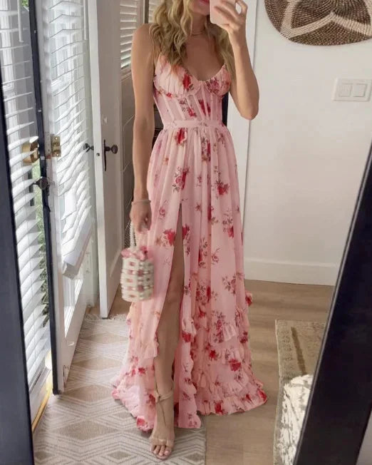Maxikleid mit Blumenmuster und Schnürung für Damen – Taillierter Schnitt mit Seitenschlitz