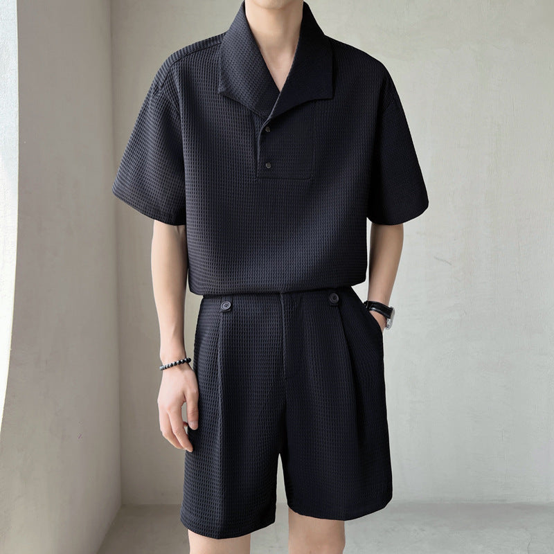 Ensemble Deux Pièces Homme Gaufré – Chemise Col Camp & Short Plissé