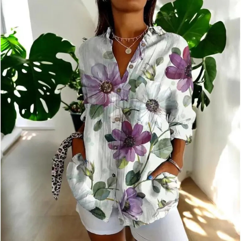 Women's Floral Print Shirt – Relaxed Fit with Mandarin Collar