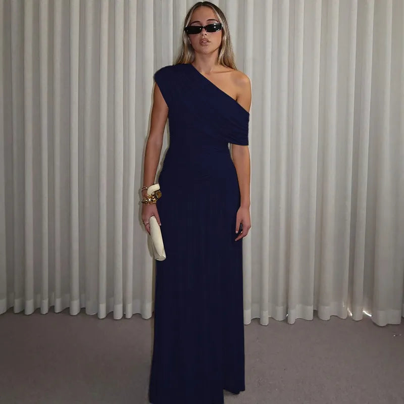 Long Women's Dress with Off-Shoulder and Ruching – Flowing Floor-Length Silhouette