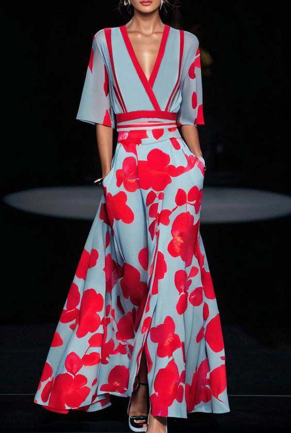 Maxikleid Damen A-Linie mit Blumen – V-Ausschnitt tailliert