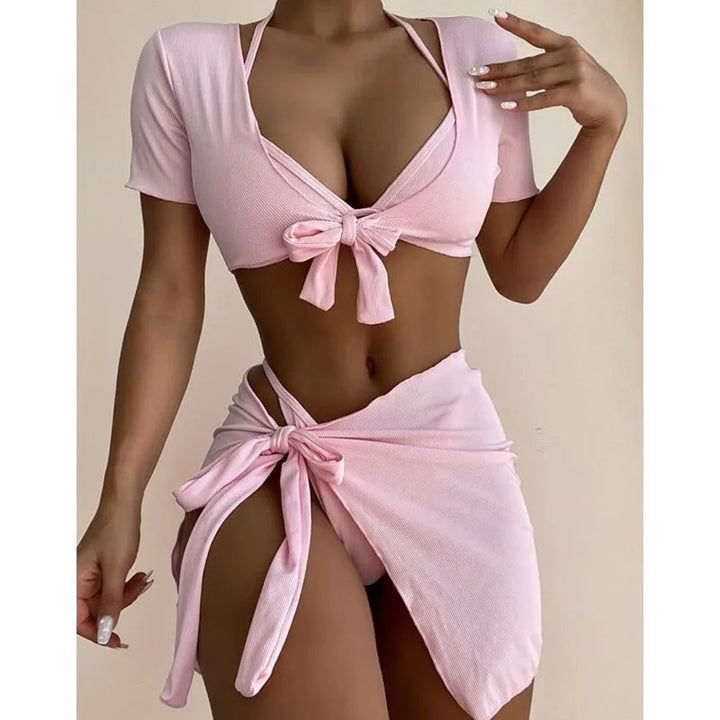Damen Zweiteiler aus Rippstoff – Gebundenes Crop-Top & Wickelrock im Resort-Stil