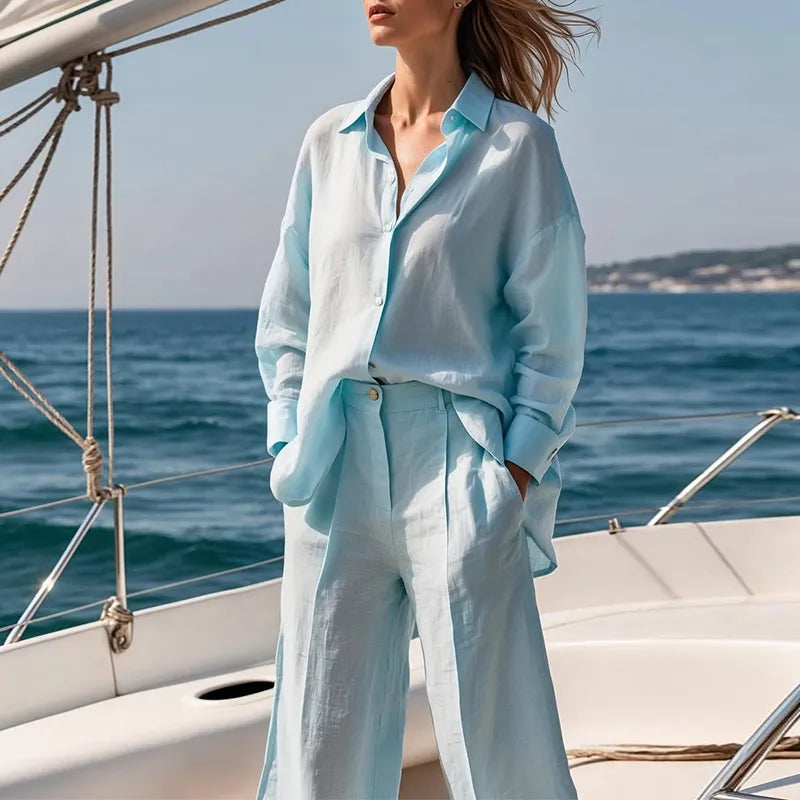 Damen-Set Bluse mit langen Ärmeln &amp; weite Hose mit hoher Taille – fließender, abgestimmter Schnitt