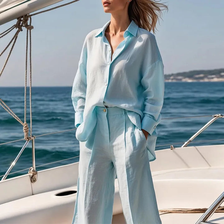 Damen-Set Bluse mit langen Ärmeln &amp; weite Hose mit hoher Taille – fließender, abgestimmter Schnitt