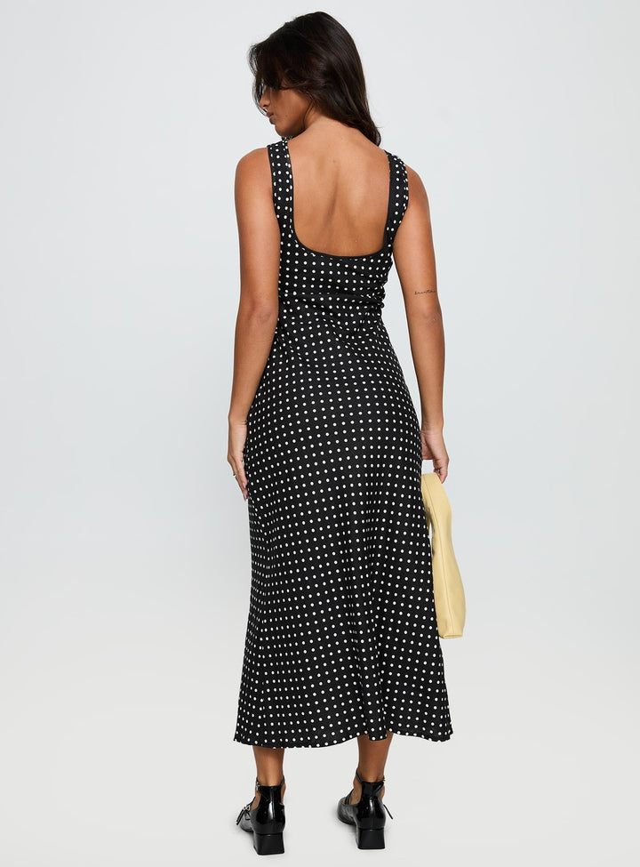 Women's Sleeveless Midi Dress with Polka Dots – Round Neck, Flowing Silhouette