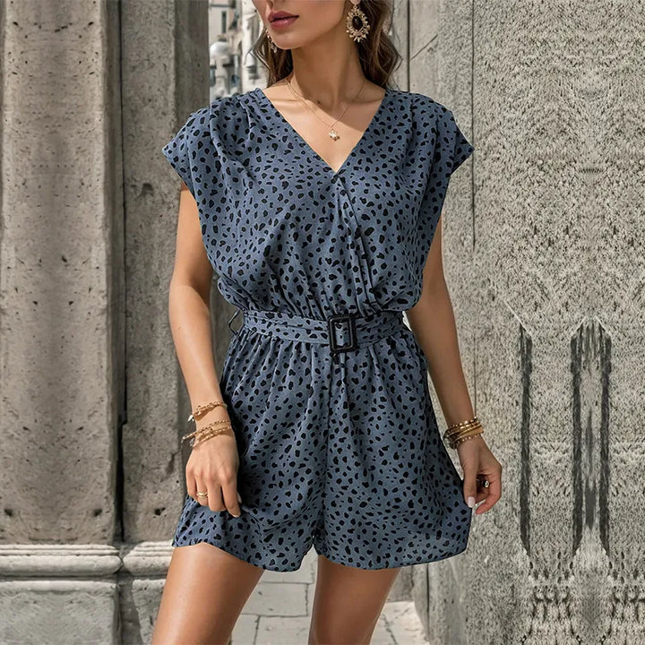 Bedruckter Damen-Shorts-Overall mit V-Ausschnitt – Tailliert und Bequem