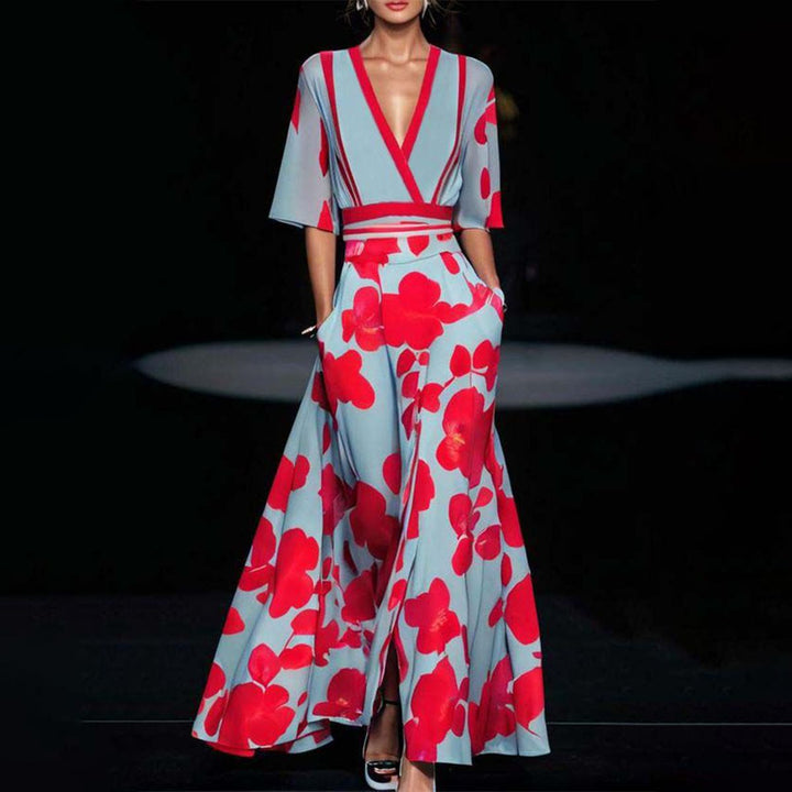 Maxikleid Damen A-Linie mit Blumen – V-Ausschnitt tailliert
