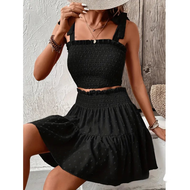Ensemble Deux Pièces Femme – Top Smocké et Jupe Mini à Volants Texturés