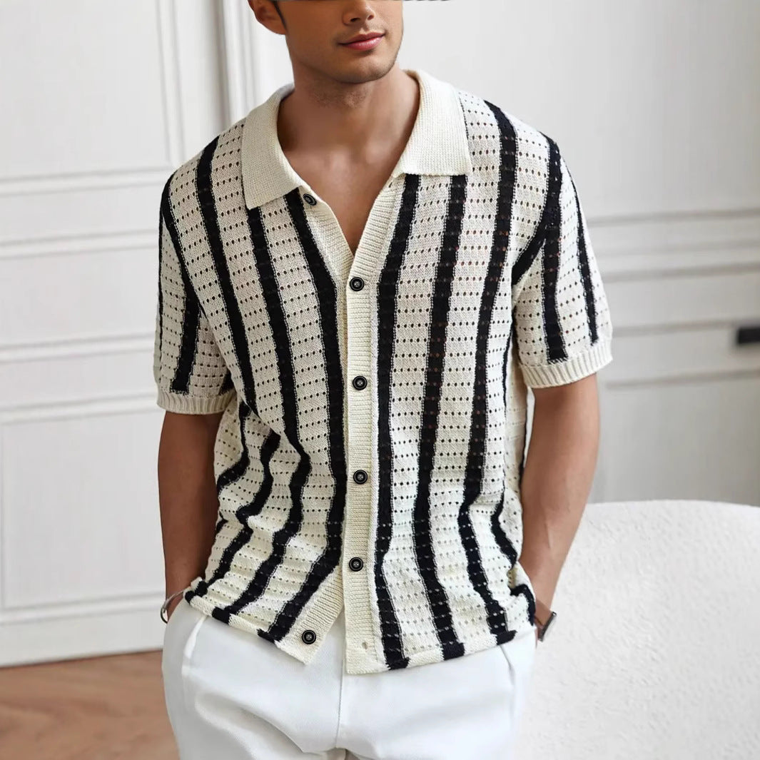 Polo da uomo in maglia traforata – Righe verticali maniche corte