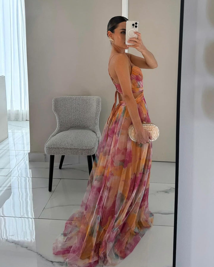 Abito maxi donna in mesh floreale – busto aderente gonna fluida