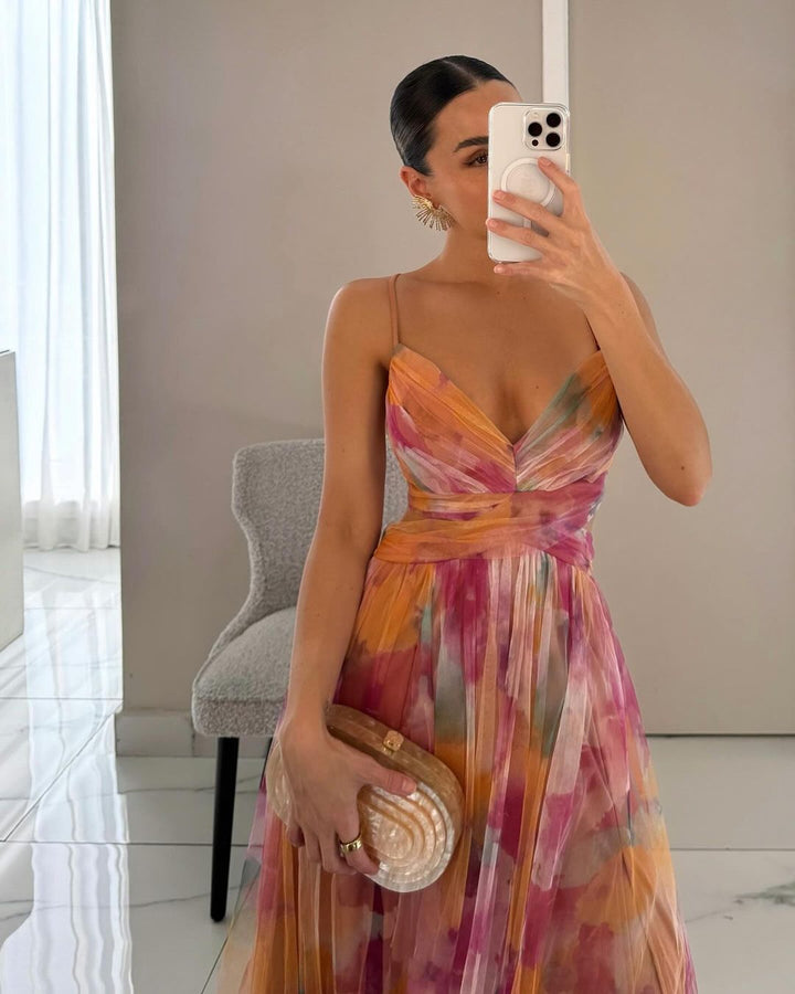 Abito maxi donna in mesh floreale – busto aderente gonna fluida