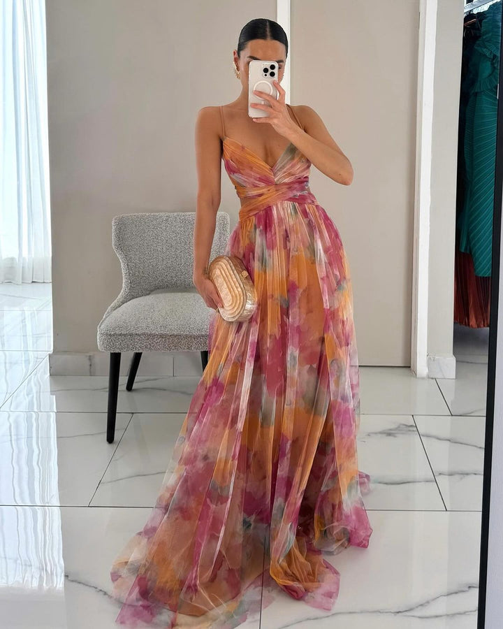 Abito maxi donna in mesh floreale – busto aderente gonna fluida