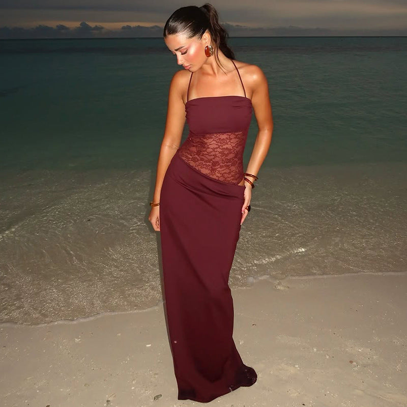 Maxikleid mit Spitzenbesatz für Damen – Ärmellos, figurbetont, ausgestellt
