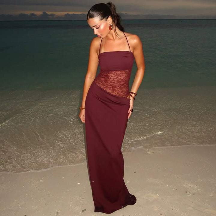 Maxikleid mit Spitzenbesatz für Damen – Ärmellos, figurbetont, ausgestellt