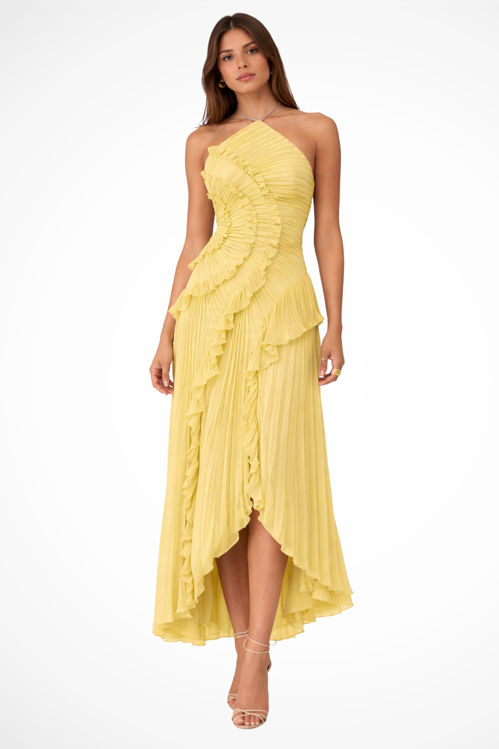 Langes Damenkleid mit Rückenausschnitt und Neckholder – Asymmetrische Volants