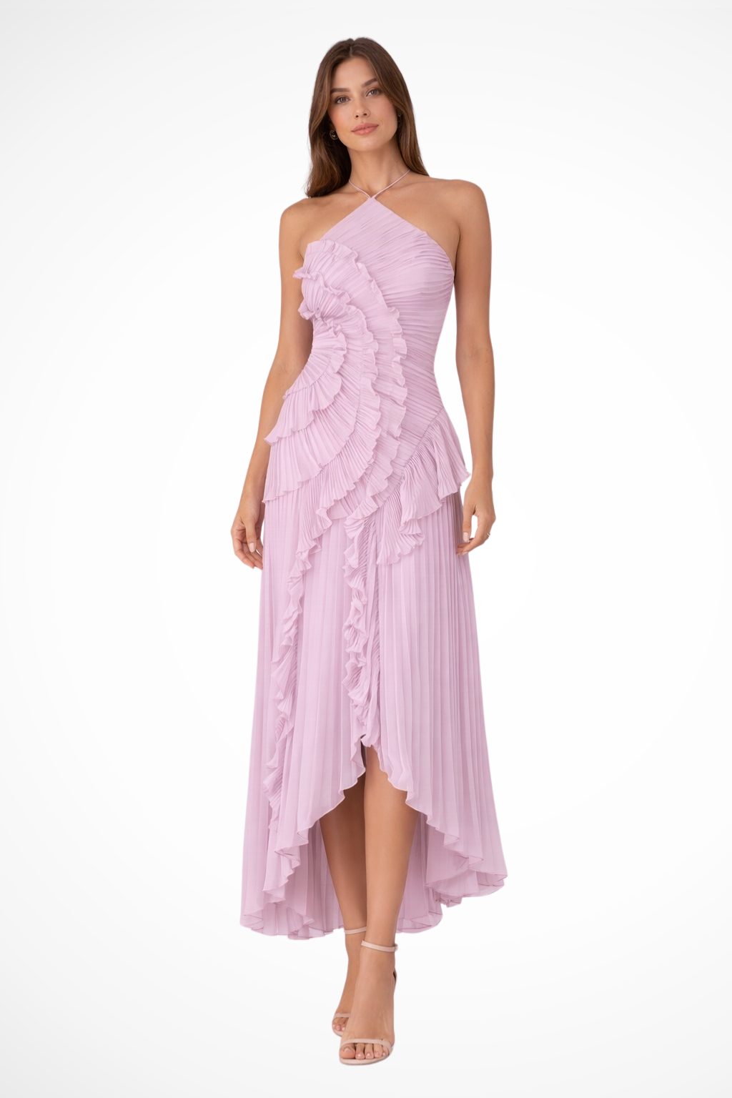 Langes Damenkleid mit Rückenausschnitt und Neckholder – Asymmetrische Volants