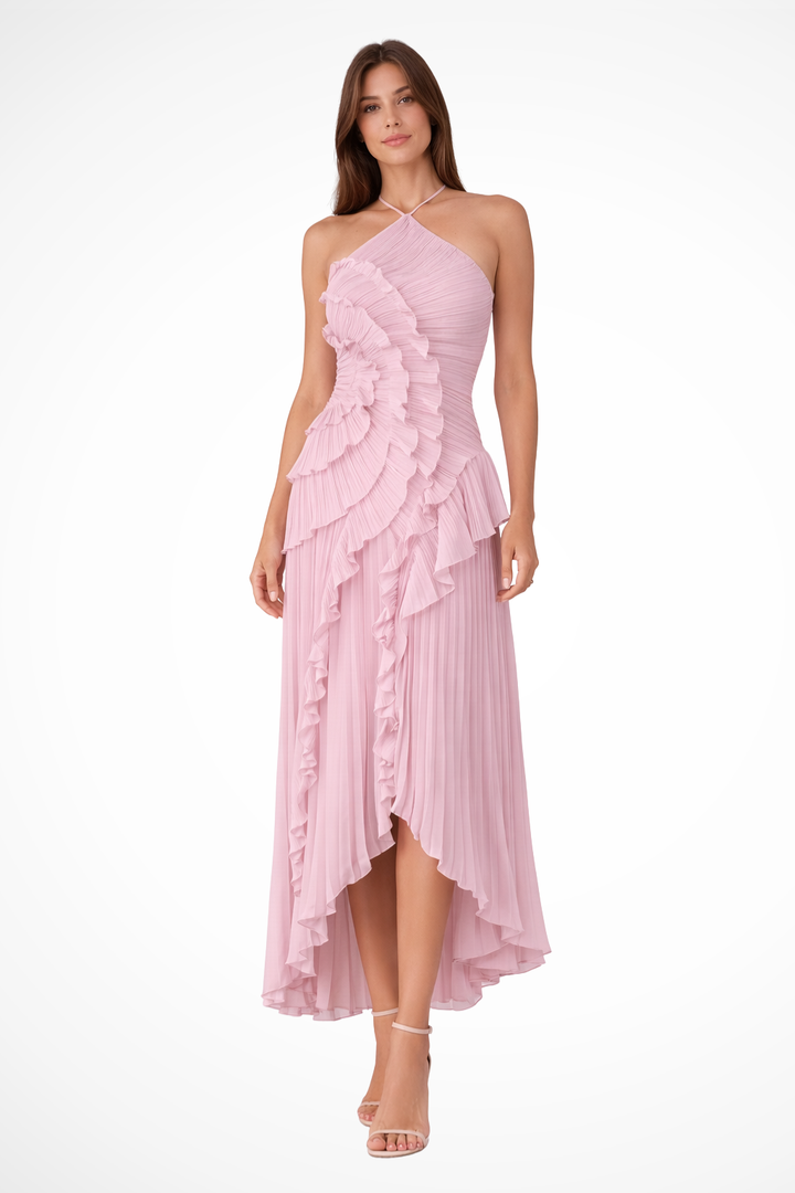 Langes Damenkleid mit Rückenausschnitt und Neckholder – Asymmetrische Volants