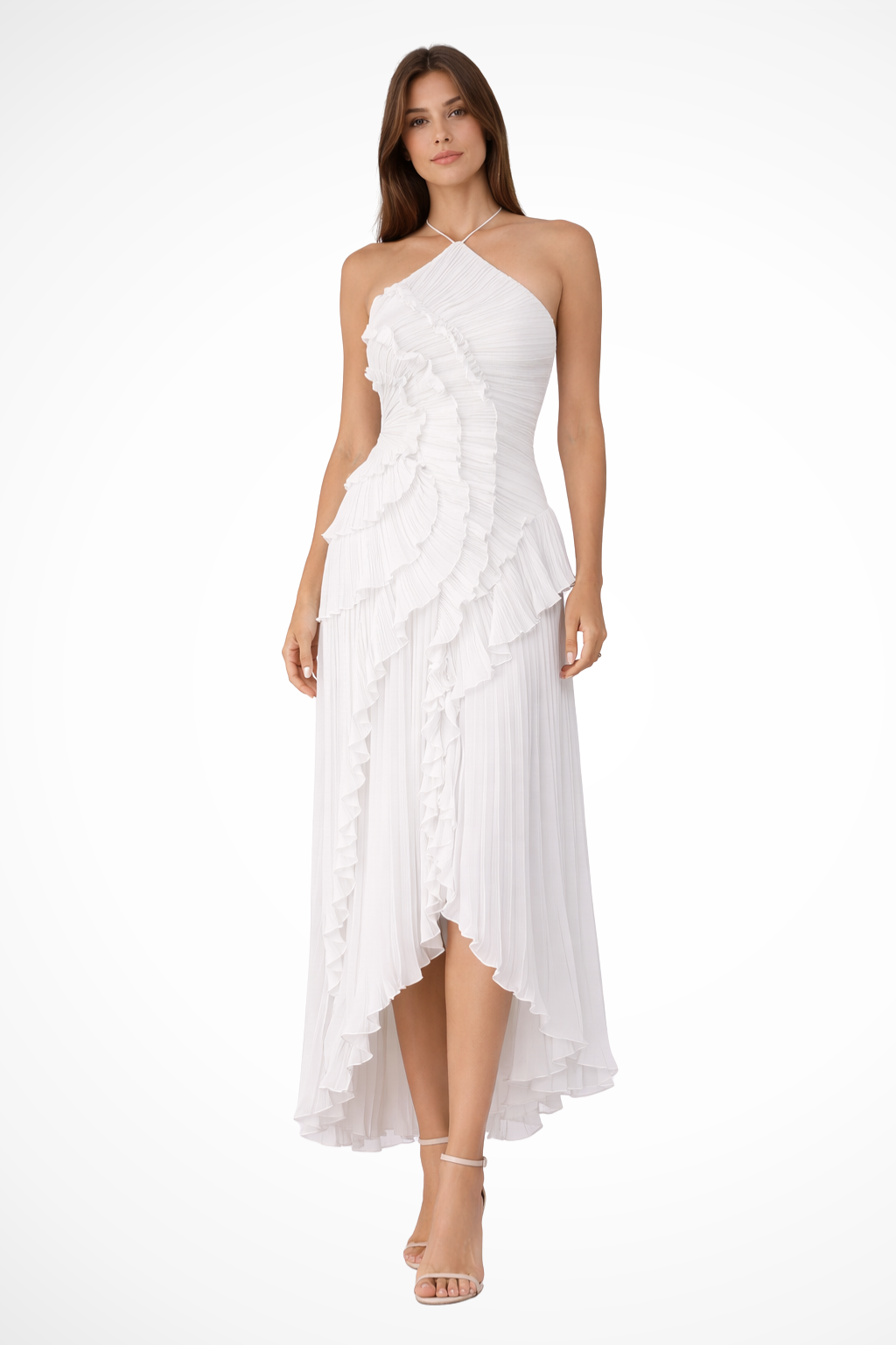 Langes Damenkleid mit Rückenausschnitt und Neckholder – Asymmetrische Volants