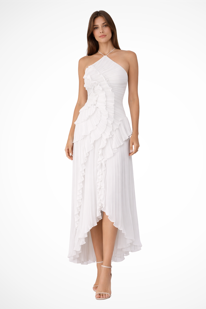 Langes Damenkleid mit Rückenausschnitt und Neckholder – Asymmetrische Volants