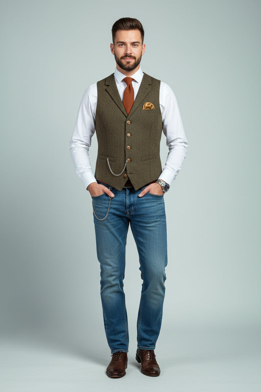 Gilet Homme Slim à Carreaux – Col à Revers Élégant
