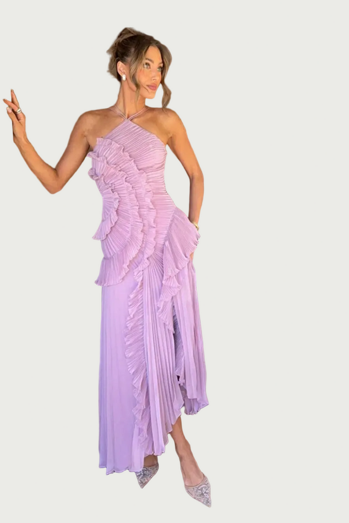 Langes Damenkleid mit Rückenausschnitt und Neckholder – Asymmetrische Volants