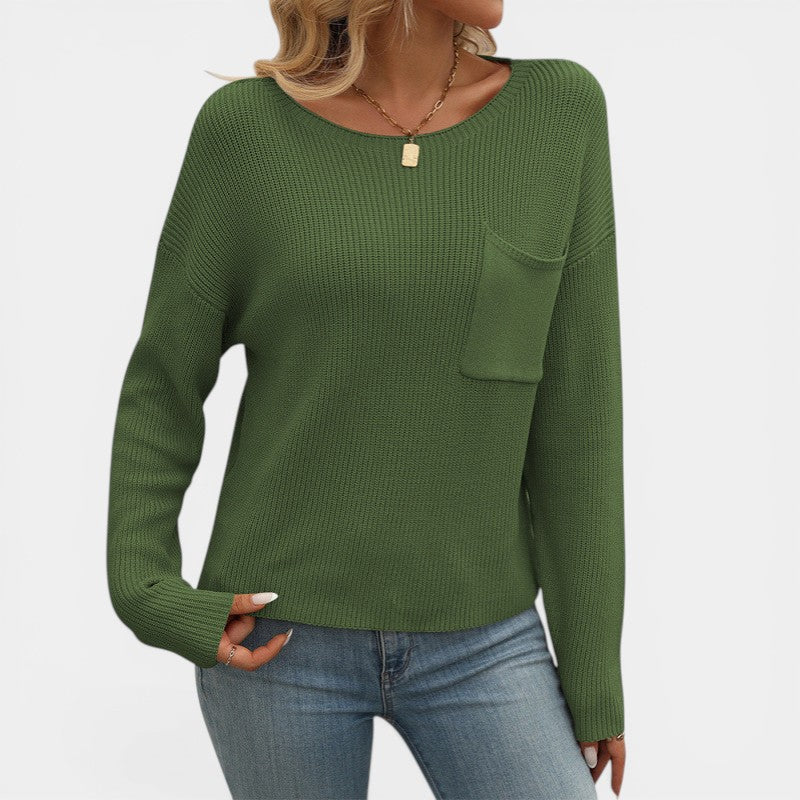 Damen Pullover mit Rundhalsausschnitt – Lässiger Schnitt mit Brusttasche | Gerippter Strick
