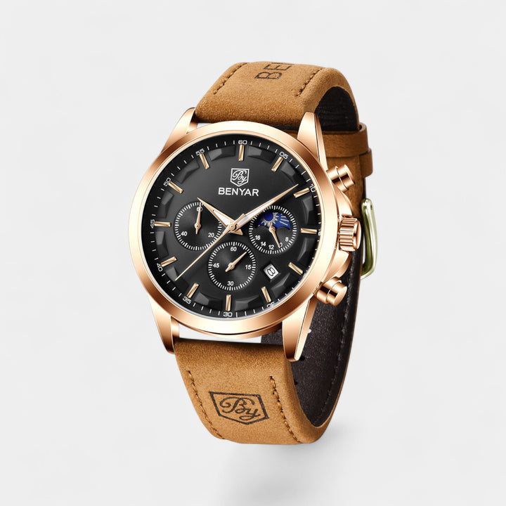 Herrenuhr mit Lederarmband – Multifunktionales Quarzwerk 41 mm