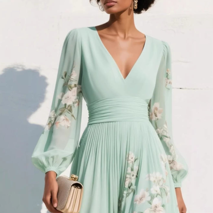 Damen Maxikleid aus Chiffon – Lange Ärmel Ausgestellter, plissierter Schnitt