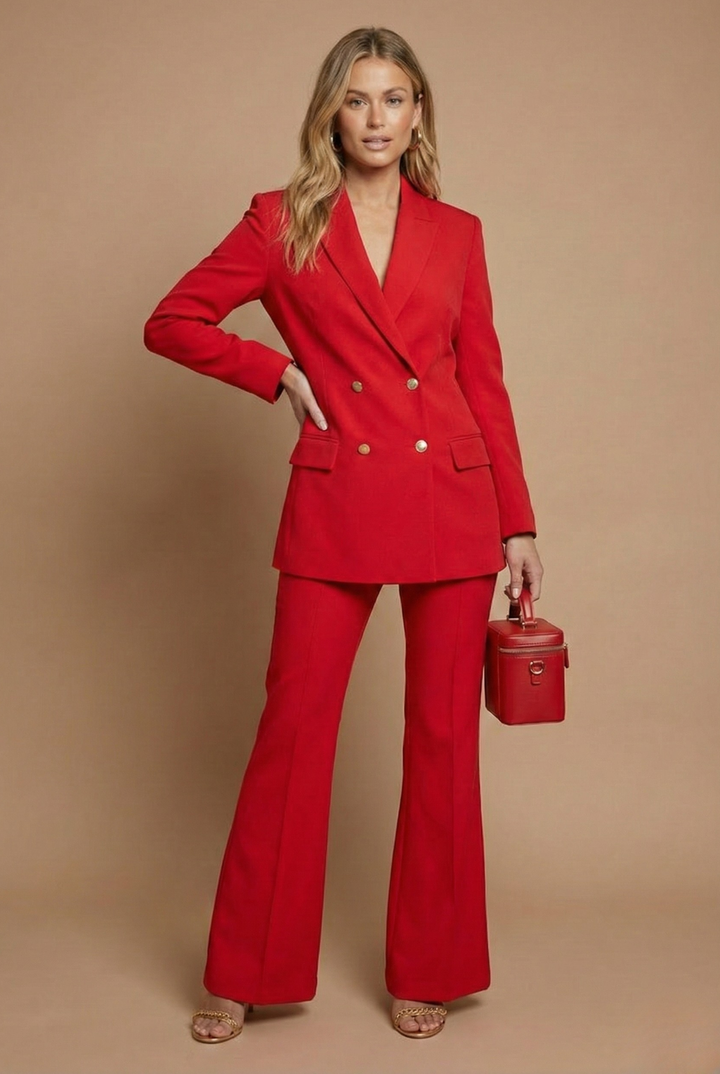 Tailleur donna strutturato – blazer incrociato, pantaloni svasati