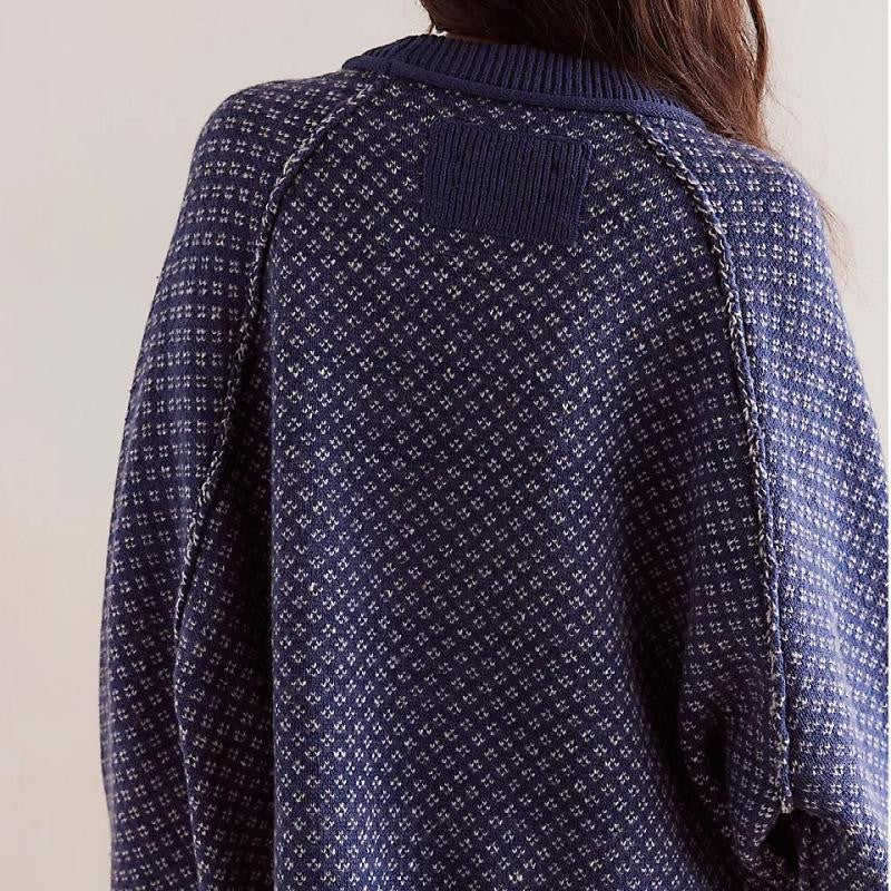 Maglione donna in maglia jacquard – collo tondo e finiture a coste | maglia strutturata