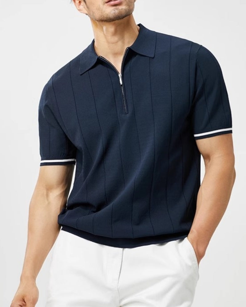Polo uomo in maglia a righe – Collo con zip e polsini a contrasto
