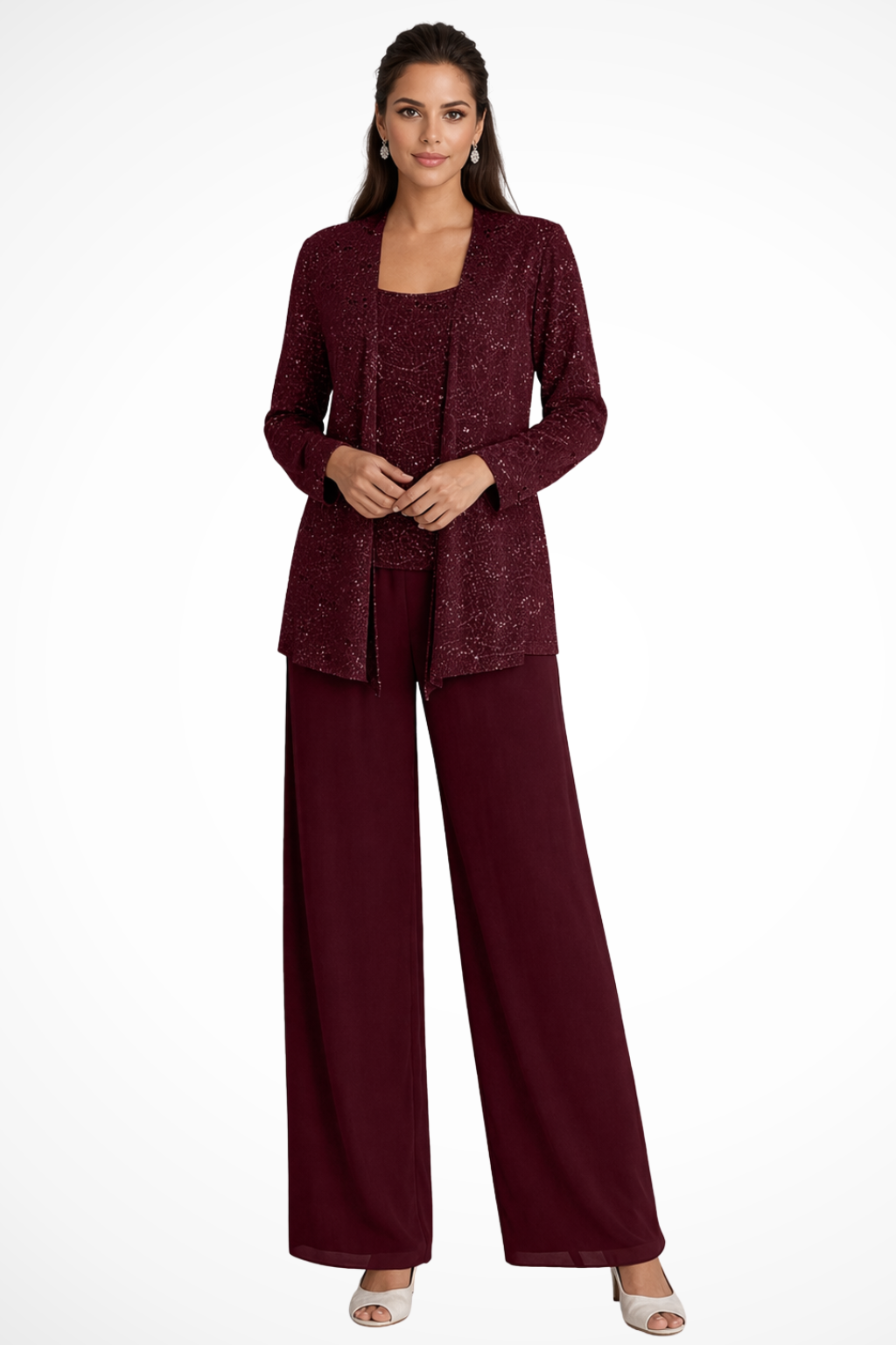 Completo Donna Tre Pezzi con Paillettes e Pizzo – Pantaloni Larghi