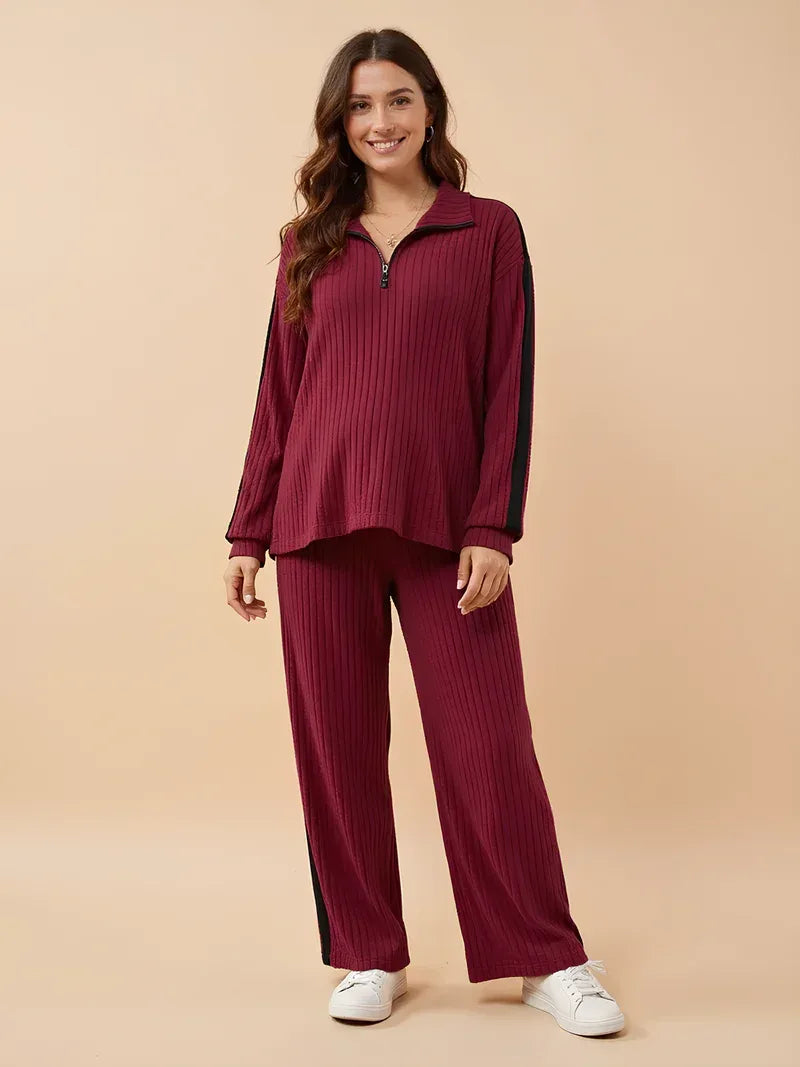 Ensemble Côtelé Femme Deux Pièces – Col Zippé Coupe Ample
