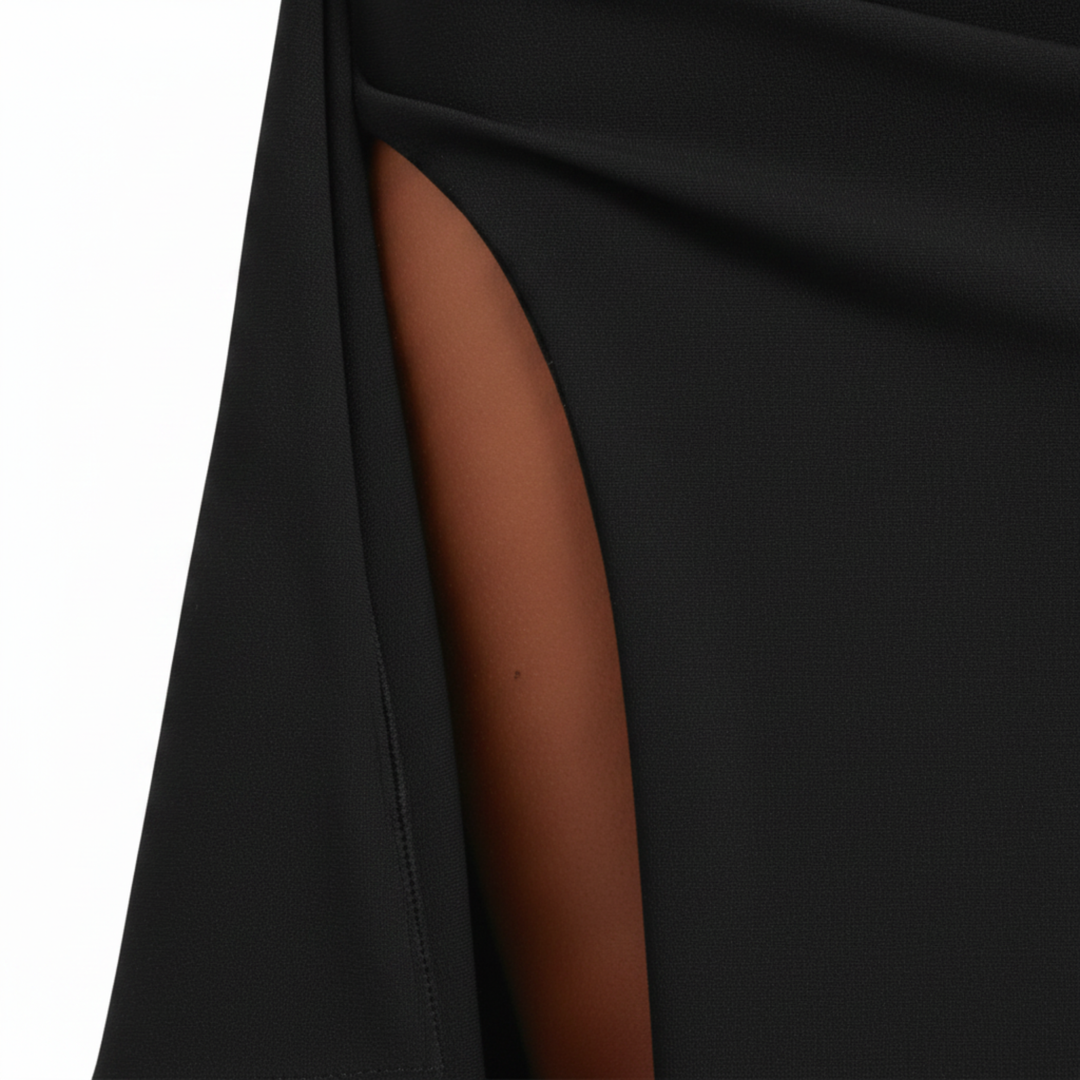 Langes Damenkleid Bustier ohne Träger – gerafft mit hohem Schlitz