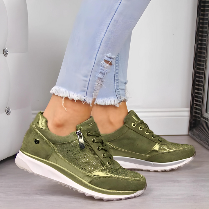 Baskets Décontractées Orthopédiques en Cuir pour Femme – Semelle Confort Strass