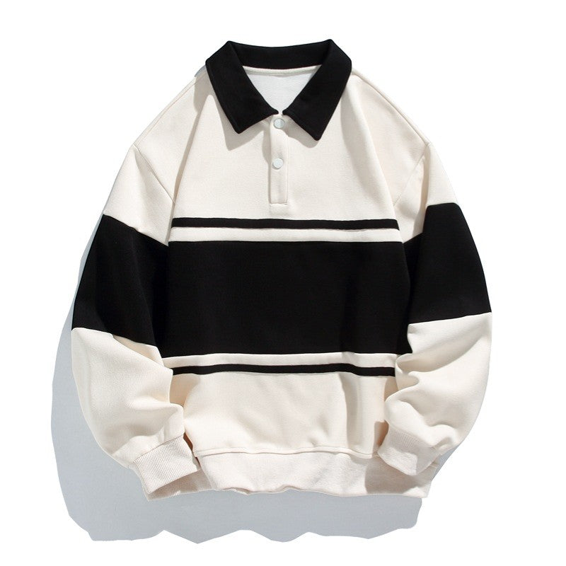 Herren Sweatshirt aus Baumwollmischung – Gestreiftes Muster Weite Passform Polokragen