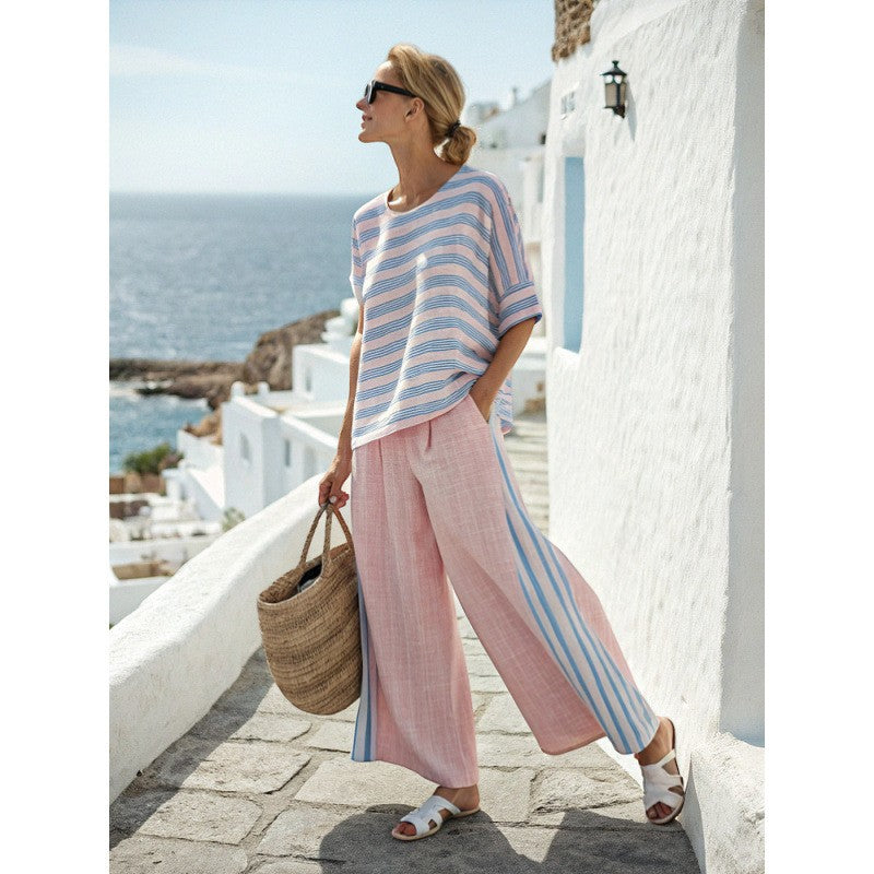 Claire Mode | Completo pantaloni donna due pezzi stampato in tessuto intrecciato