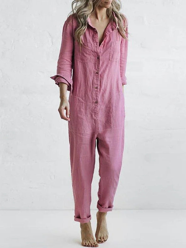 Dame Jumpsuit med Lange Ærmer – Knappet, Afslappet Pasform