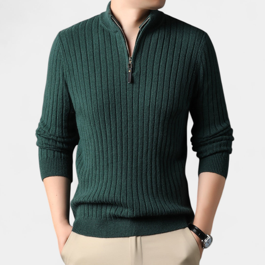 Maglione uomo con zip a un quarto in maglia a righe – raffinato, aderente, silhouette quotidiana