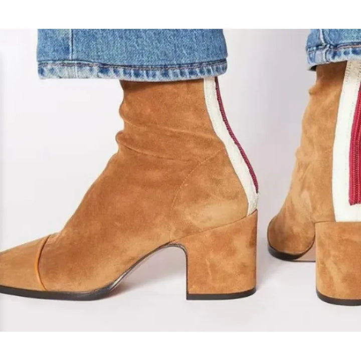 Women's Mid-Calf Boots with Square Toe – Block Heel and Suede Effect