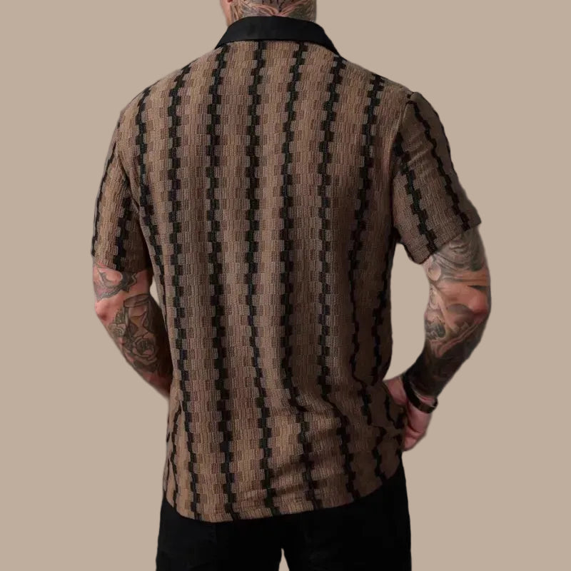 Men's Short Sleeve Shirt with Geometric Stripes – Structured Textured Fabric