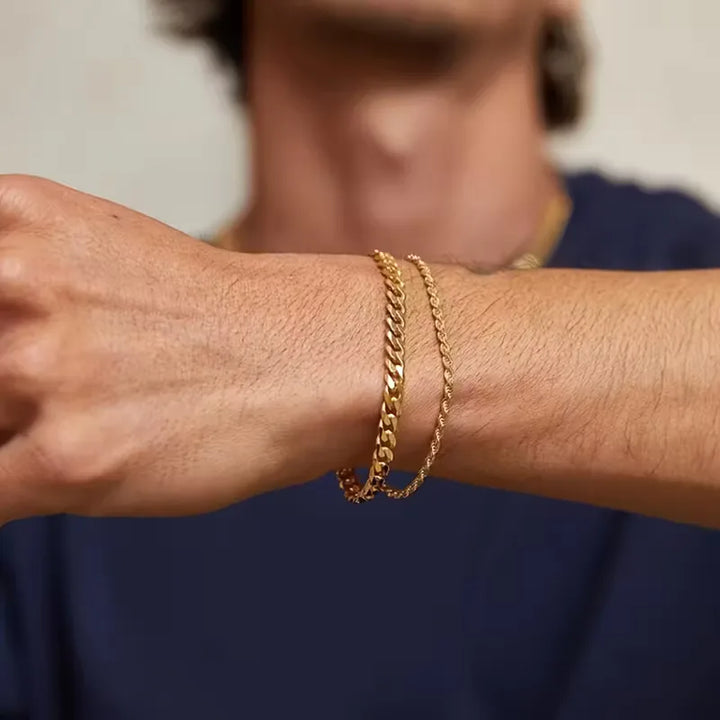 Bracciale Uomo Catena Cubana &amp; Corda – Set Sovrapposto in Metallo Lucido