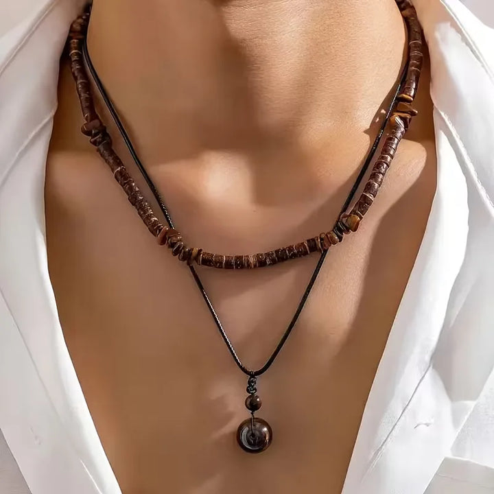 Collier Homme en Perles de Bois avec Pendentif Turquoise – Double Rang
