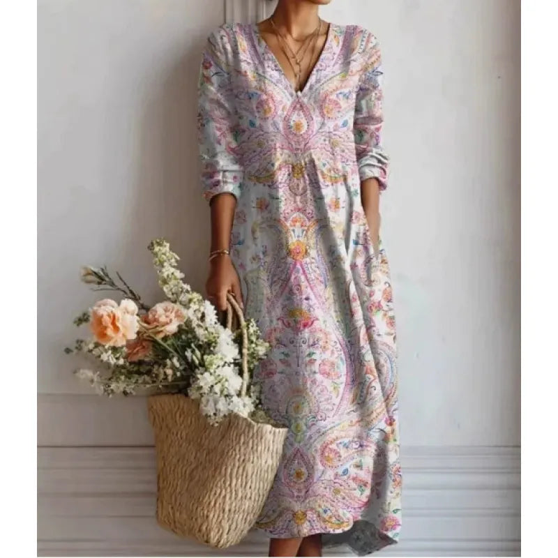 Bedrucktes Midikleid für Damen – Fließender Schnitt und V-Ausschnitt im Boho-Stil