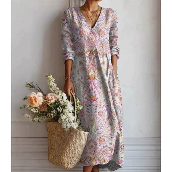 Bedrucktes Midikleid für Damen – Fließender Schnitt und V-Ausschnitt im Boho-Stil