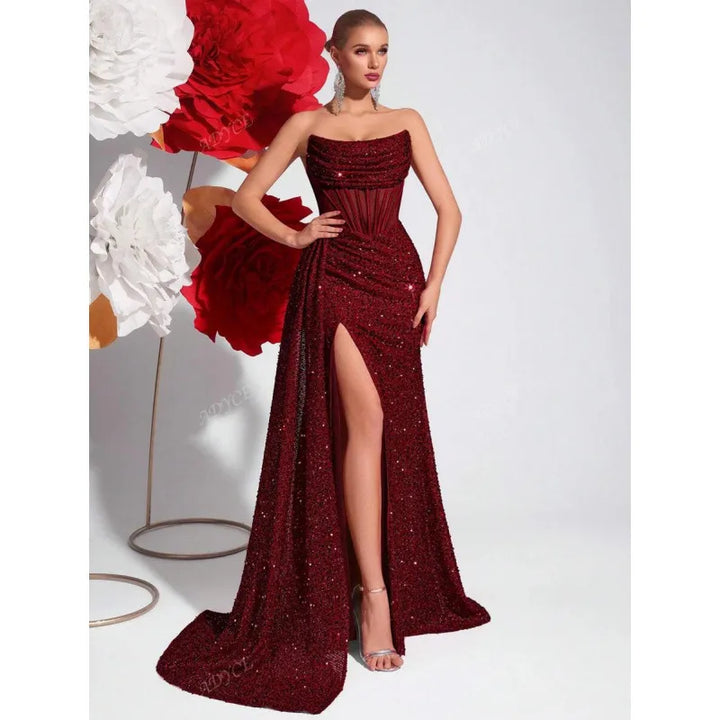 Women's Long Dress with Off-the-Shoulder Design – Pleated Herringbone and Cutouts