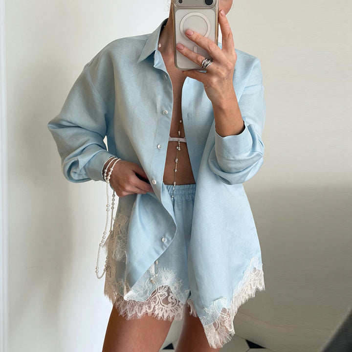 Women's Lace Panel Shirt and Shorts Set – Long Sleeve with Lapel Collar