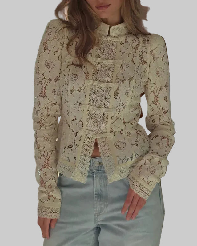 Women's Slim Lace Blouse – Puff Sleeves & High Collar